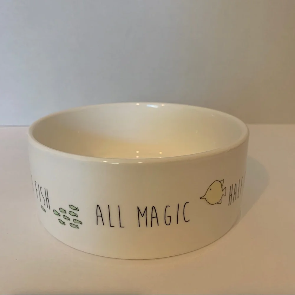 Dog Bowl 6” Round Dishwasher Microwave Safe Dish Cream Color Fish Dog Design